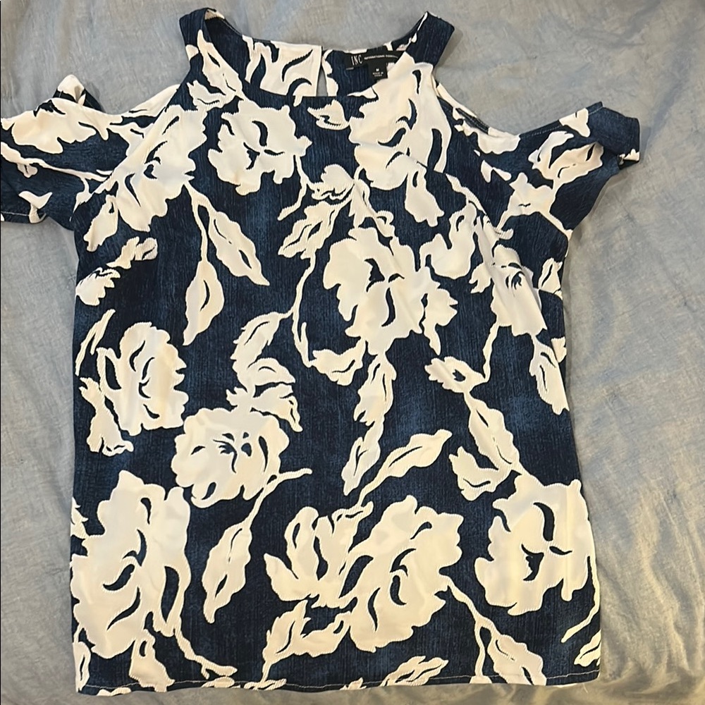 Floral Cold Shoulder Top - Blue and White